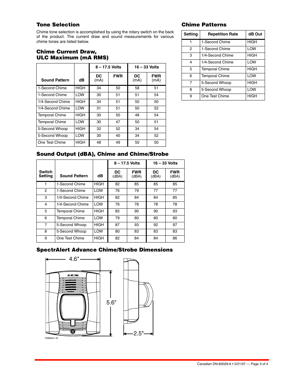 Tone selection, Chime patterns | Notifier CHW Chimes User Manual | Page 3 / 4