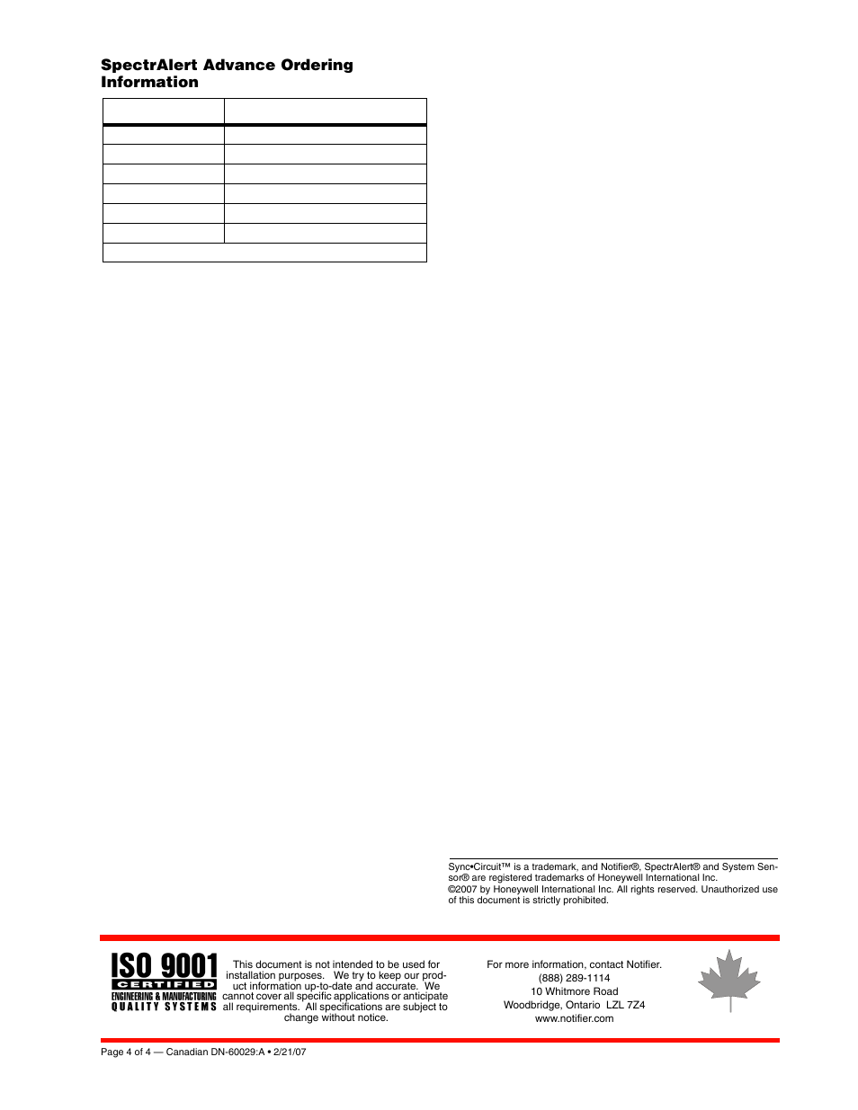 Spectralert advance ordering information | Notifier CHW Chimes User Manual | Page 4 / 4