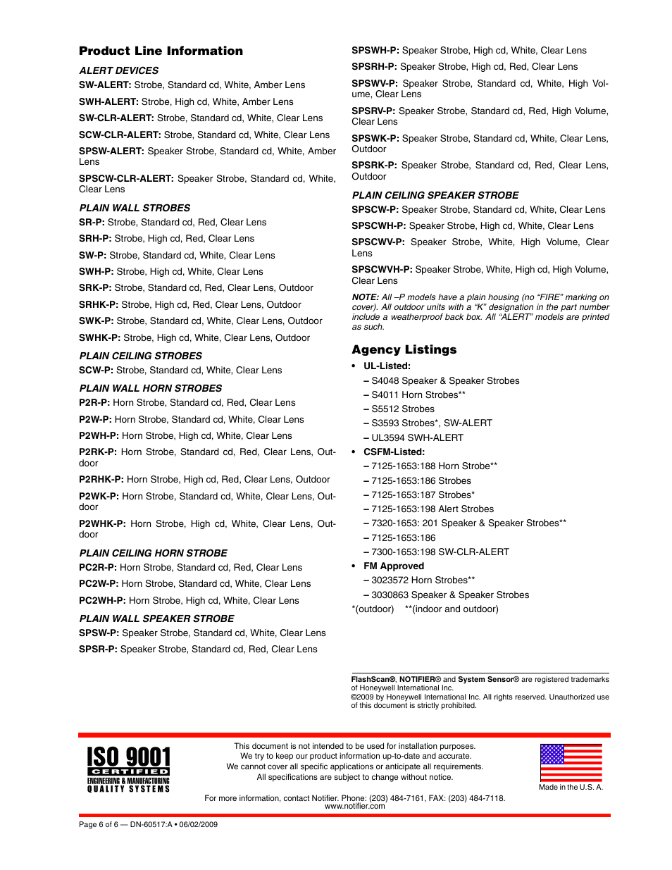 Product line information, Agency listings | Notifier Field-Selectable Mass Notification Devices User Manual | Page 6 / 6