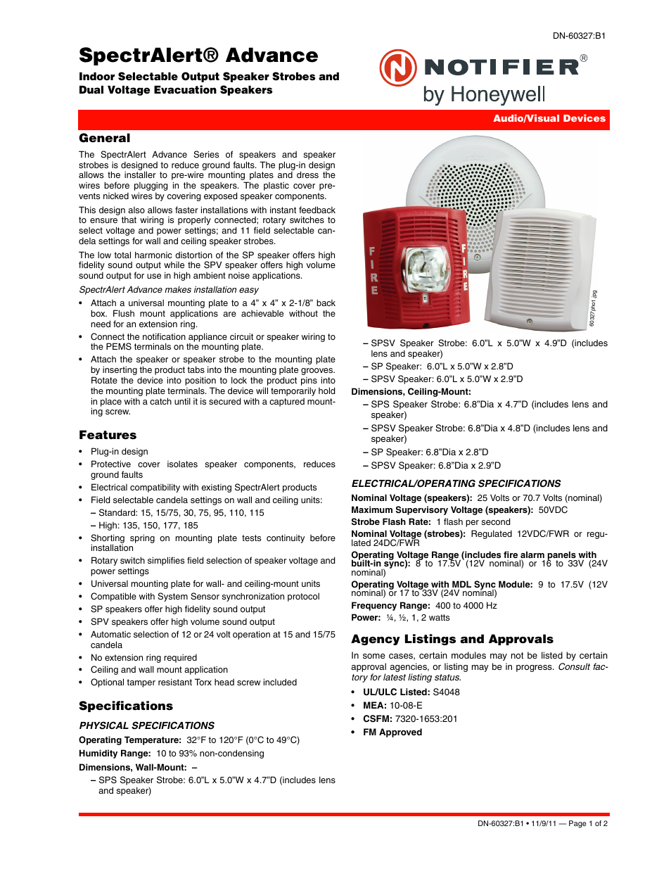 Notifier Dual Voltage Evacuation Speakers User Manual | 2 pages