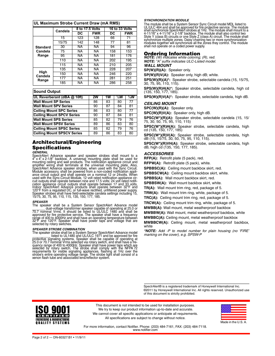 Architectural/engineering specifications, Ordering information | Notifier Dual Voltage Evacuation Speakers User Manual | Page 2 / 2