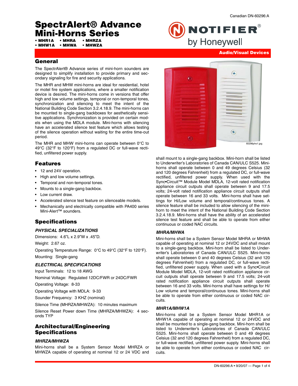 Notifier Mini-Horn Series User Manual | 4 pages