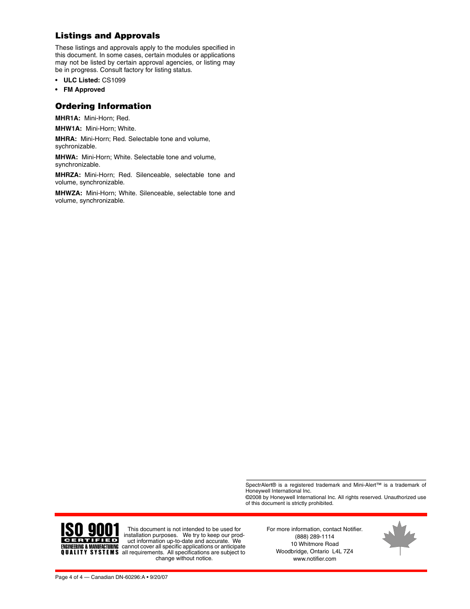 Listings and approvals, Ordering information | Notifier Mini-Horn Series User Manual | Page 4 / 4