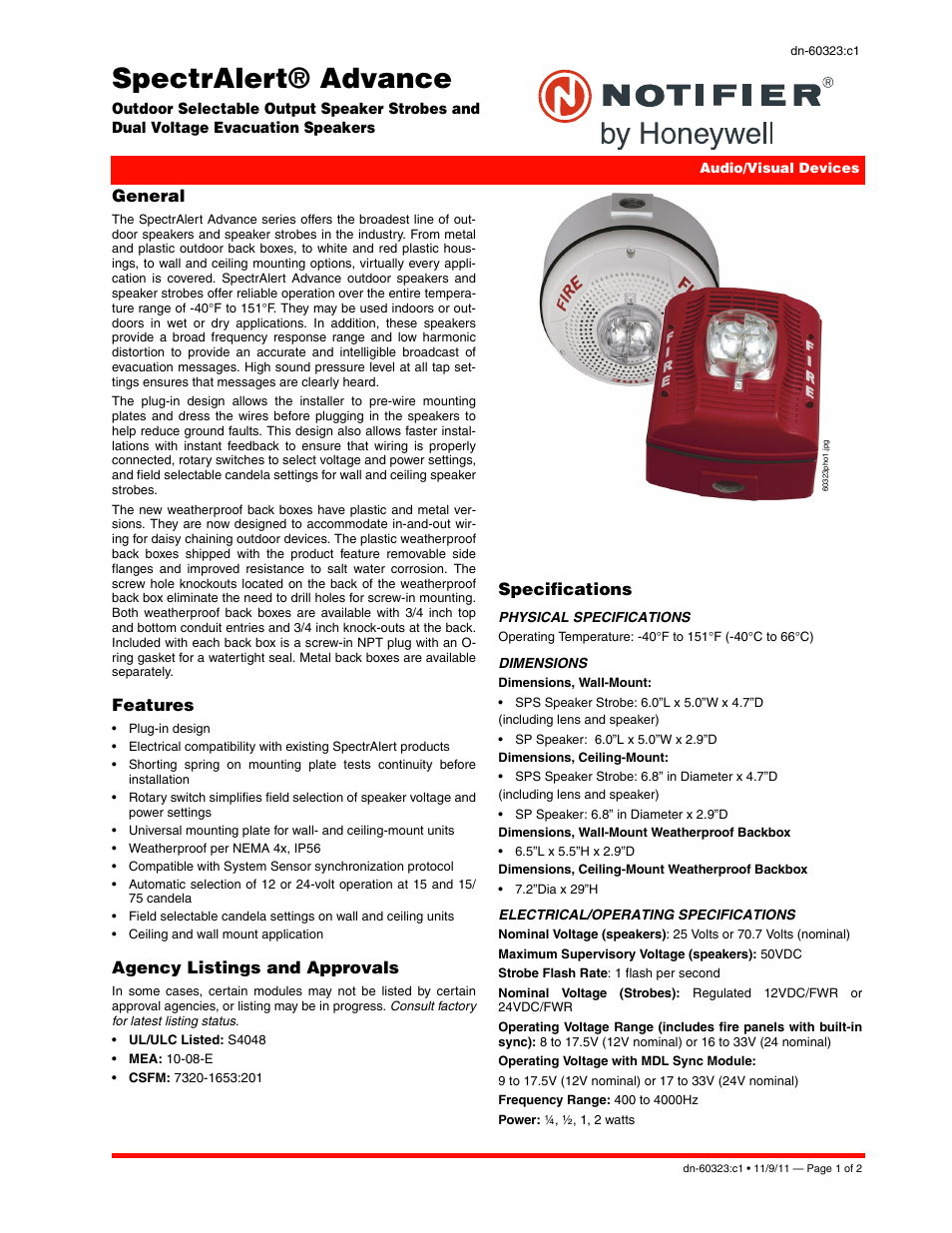 Notifier Outdoor Selectable Output Speaker Strobes User Manual | 2 pages