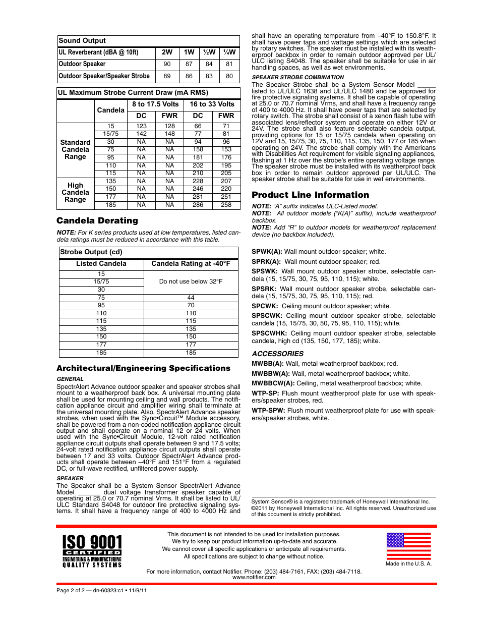 Candela derating, Product line information | Notifier Outdoor Selectable Output Speaker Strobes User Manual | Page 2 / 2