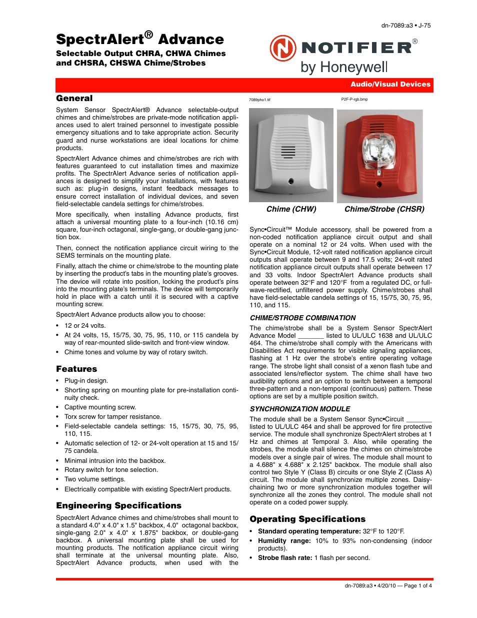 Notifier Chime Strobes User Manual | 4 pages