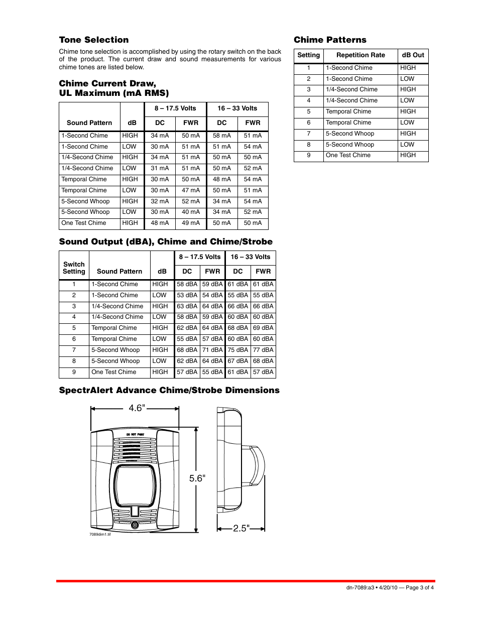 Tone selection, Chime patterns | Notifier Chime Strobes User Manual | Page 3 / 4