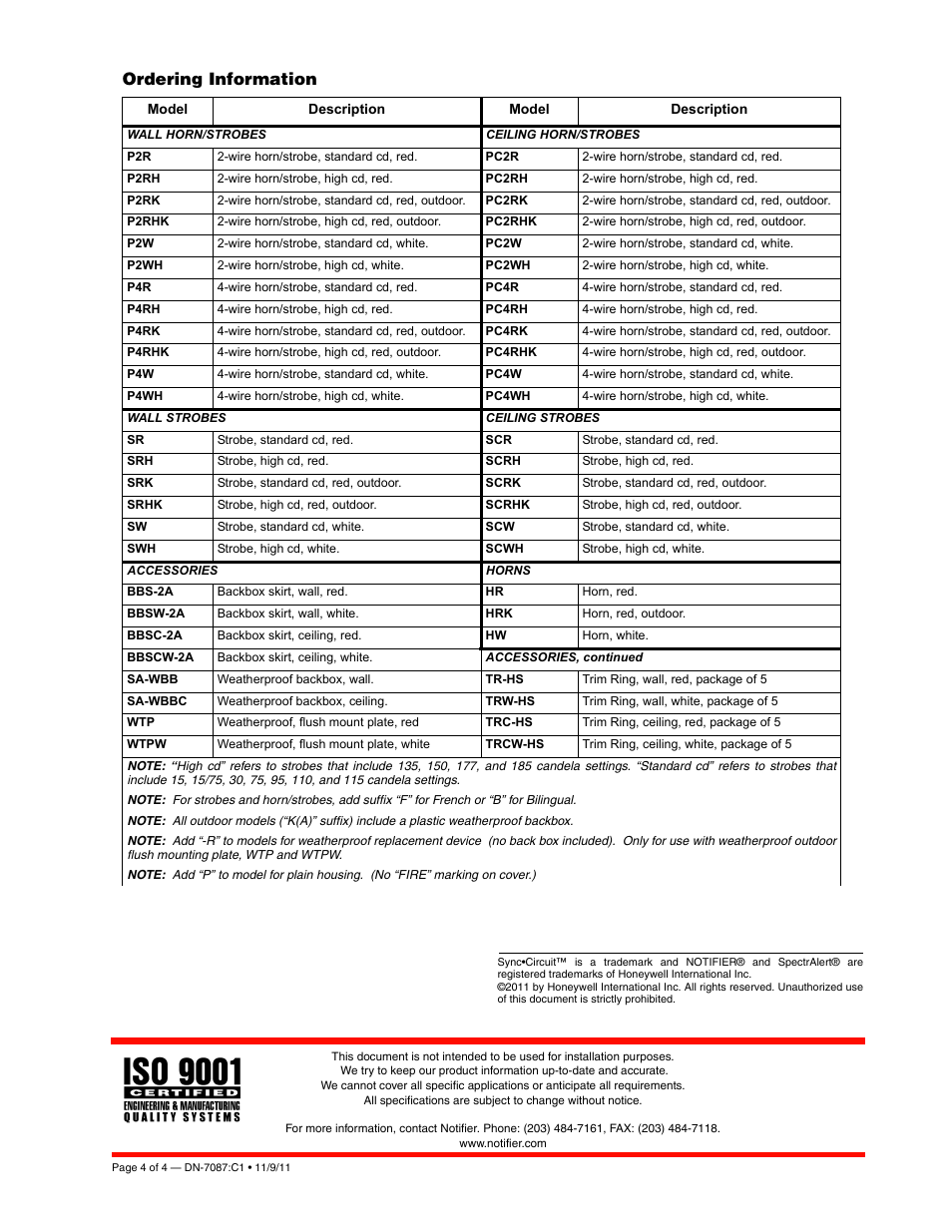 Ordering information | Notifier Selectable Output Notification Appliances User Manual | Page 4 / 4