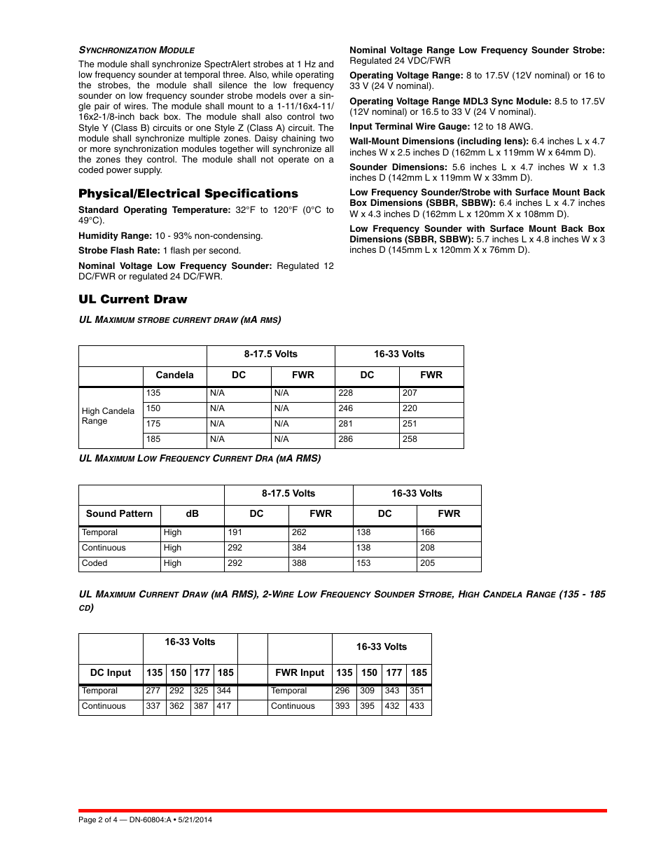 Physical/electrical specifications, Ul current draw | Notifier Sounder Strobes User Manual | Page 2 / 4