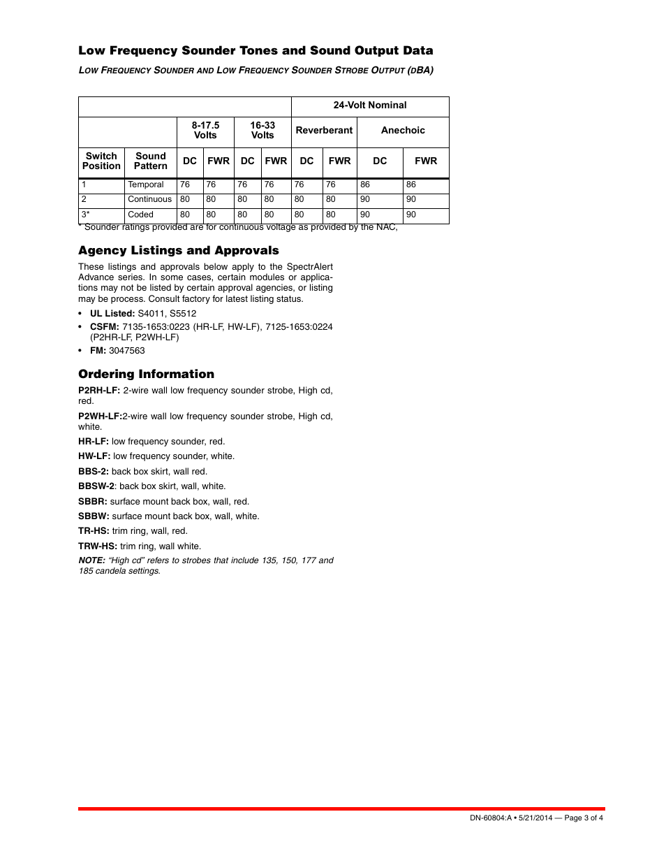 Low frequency sounder tones and sound output data, Agency listings and approvals, Ordering information | Notifier Sounder Strobes User Manual | Page 3 / 4