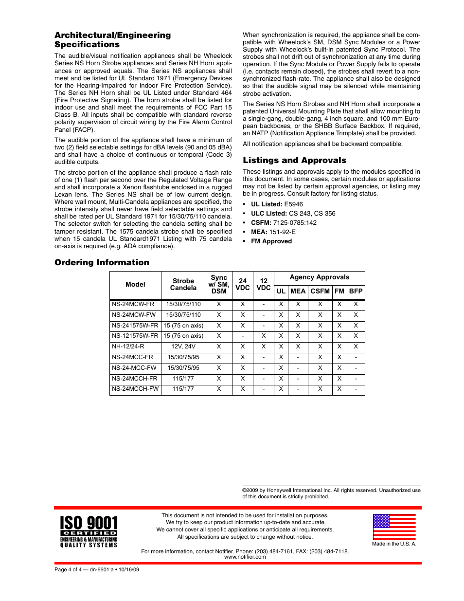 Architectural/engineering specifications, Listings and approvals, Ordering information | Notifier Wheelock NH Series Horns User Manual | Page 4 / 4