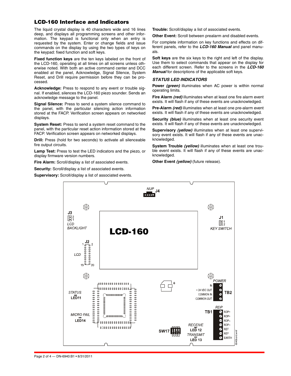 Lcd-160, Lcd-160 interface and indicators | Notifier LCD-160 User Manual | Page 2 / 4