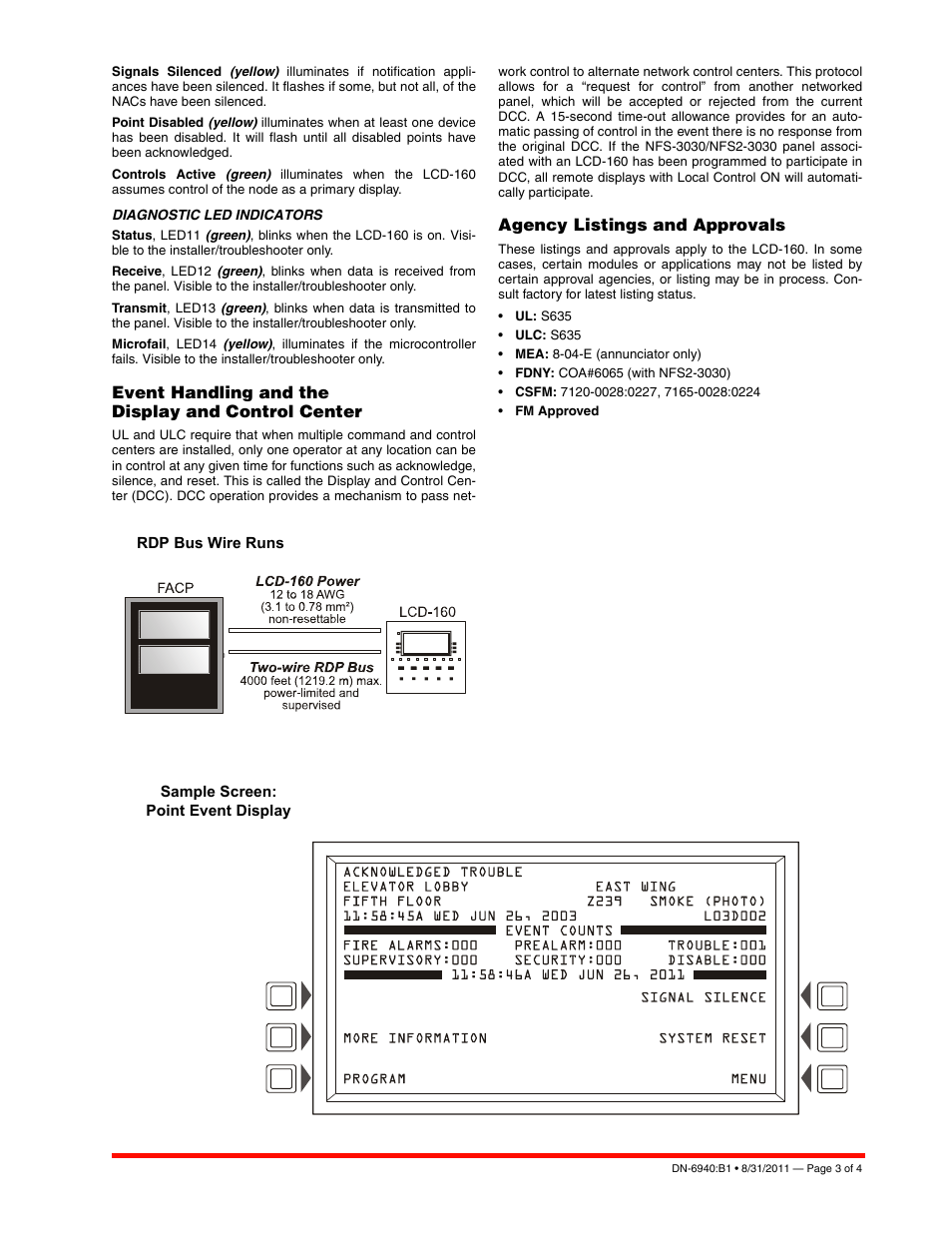 Event handling and the display and control center, Agency listings and approvals | Notifier LCD-160 User Manual | Page 3 / 4