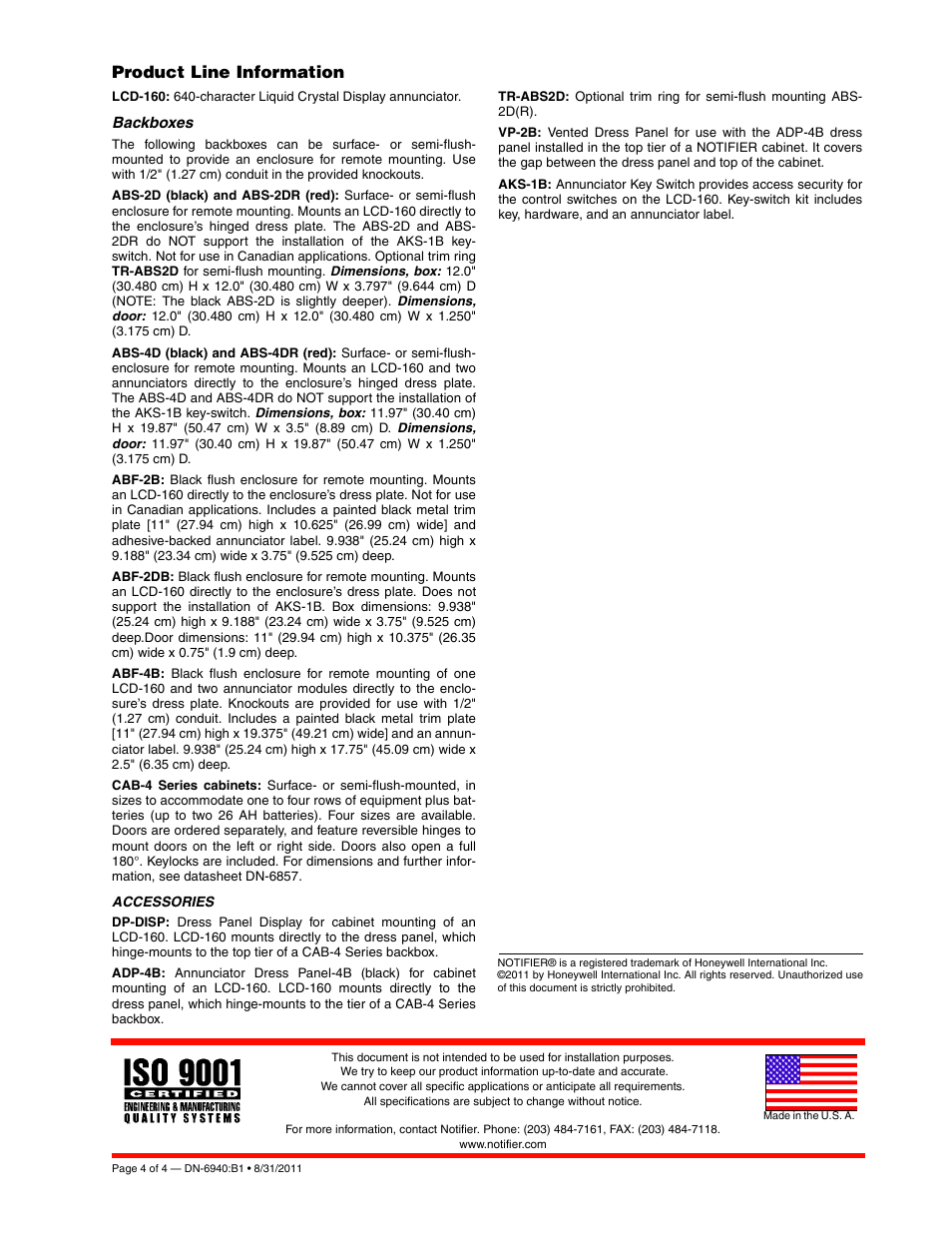 Product line information | Notifier LCD-160 User Manual | Page 4 / 4