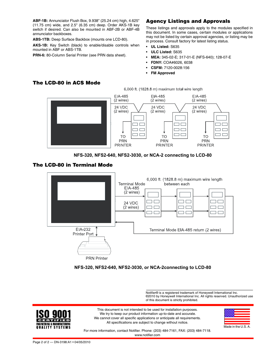 Agency listings and approvals, The lcd-80 in acs mode, The lcd-80 in terminal mode | Notifier LCD-80 User Manual | Page 2 / 2