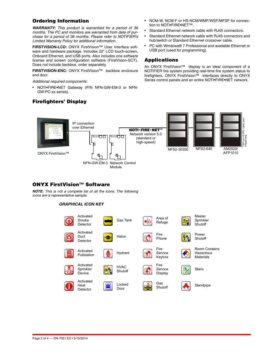 Ordering information, Applications, Onyx firstvision™ software | Firefighters’ display | Notifier ONYX FirstVisio User Manual | Page 2 / 4