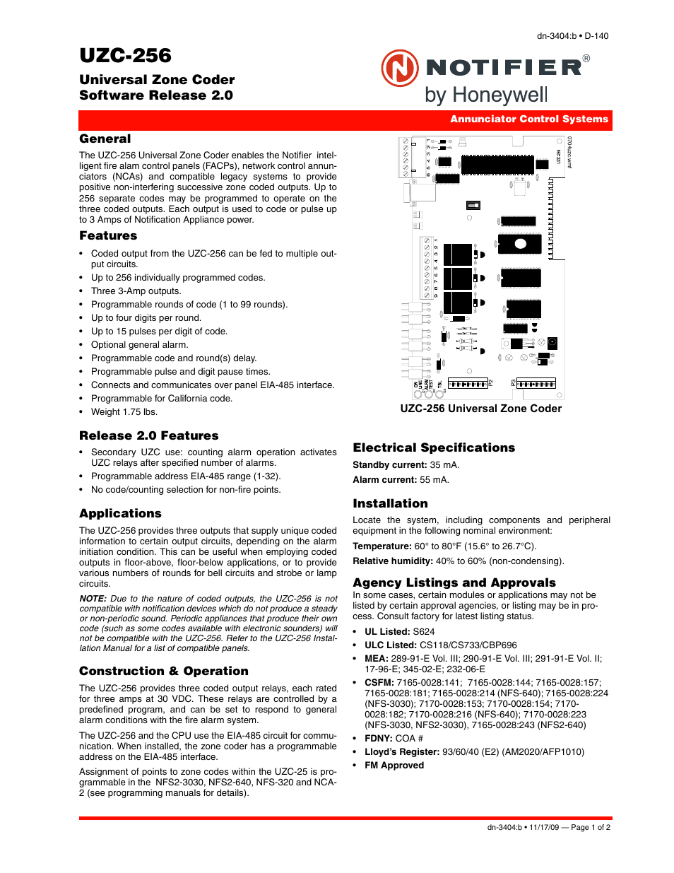 Notifier UZC-256 User Manual | 2 pages