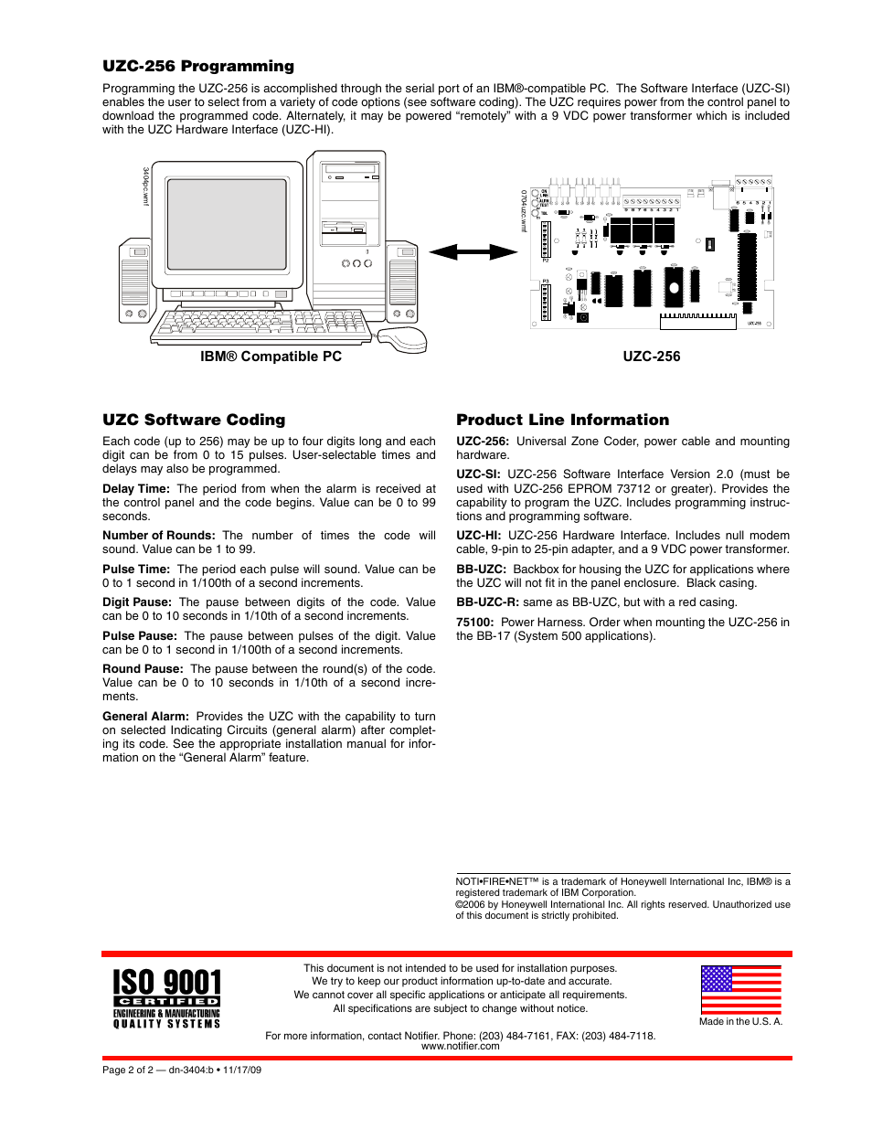 Uzc-256 programming, Uzc software coding, Product line information | Notifier UZC-256 User Manual | Page 2 / 2