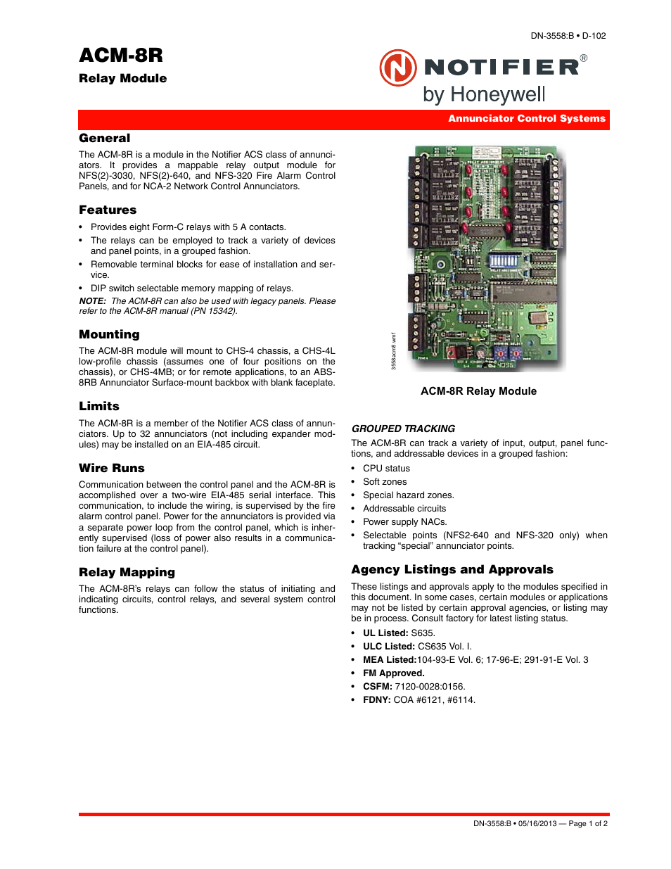 Notifier ACM-8R User Manual | 2 pages