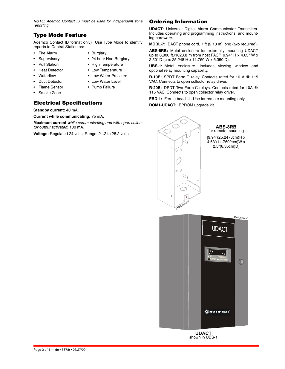 Type mode feature, Electrical specifications, Ordering information | Notifier UDACT User Manual | Page 2 / 4