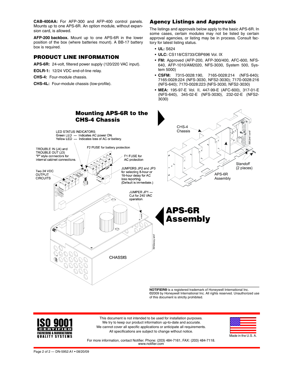 Aps-6r assembly, Mounting aps-6r to the chs-4 chassis, Product line information | Agency listings and approvals | Notifier APS-6R User Manual | Page 2 / 2