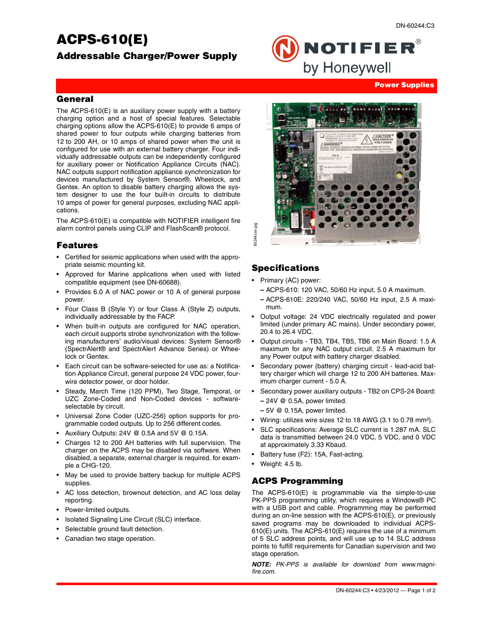 Notifier ACPS-610 User Manual | 2 pages