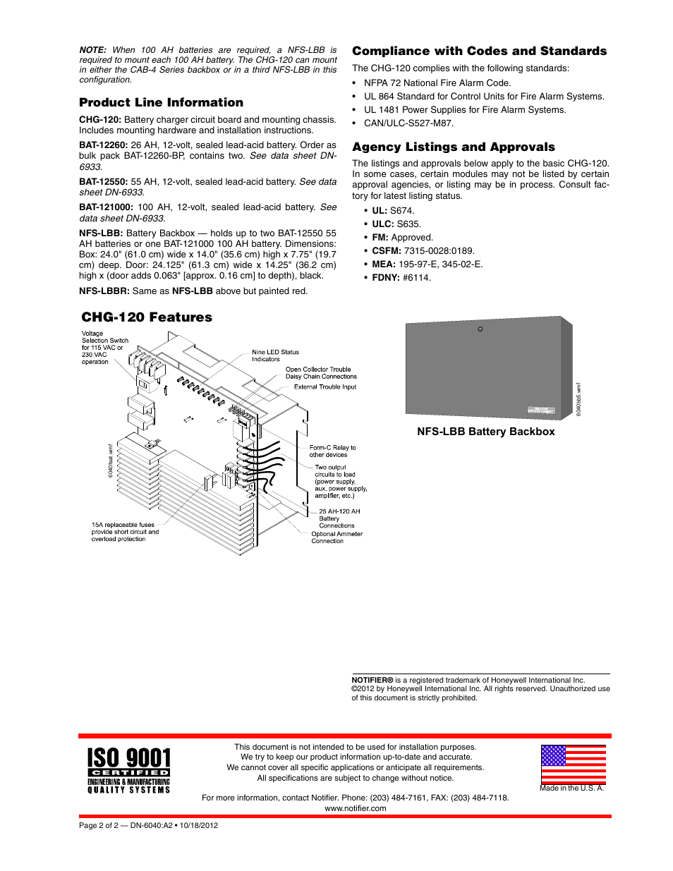 Chg-120 features, Product line information, Compliance with codes and standards | Agency listings and approvals | Notifier CHG-120 User Manual | Page 2 / 2