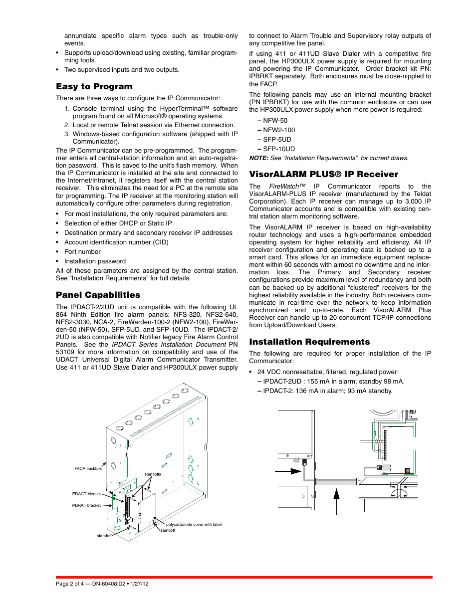 Easy to program, Panel capabilities, Visoralarm plus® ip receiver | Installation requirements | Notifier IPDACT-2/2UD User Manual | Page 2 / 4