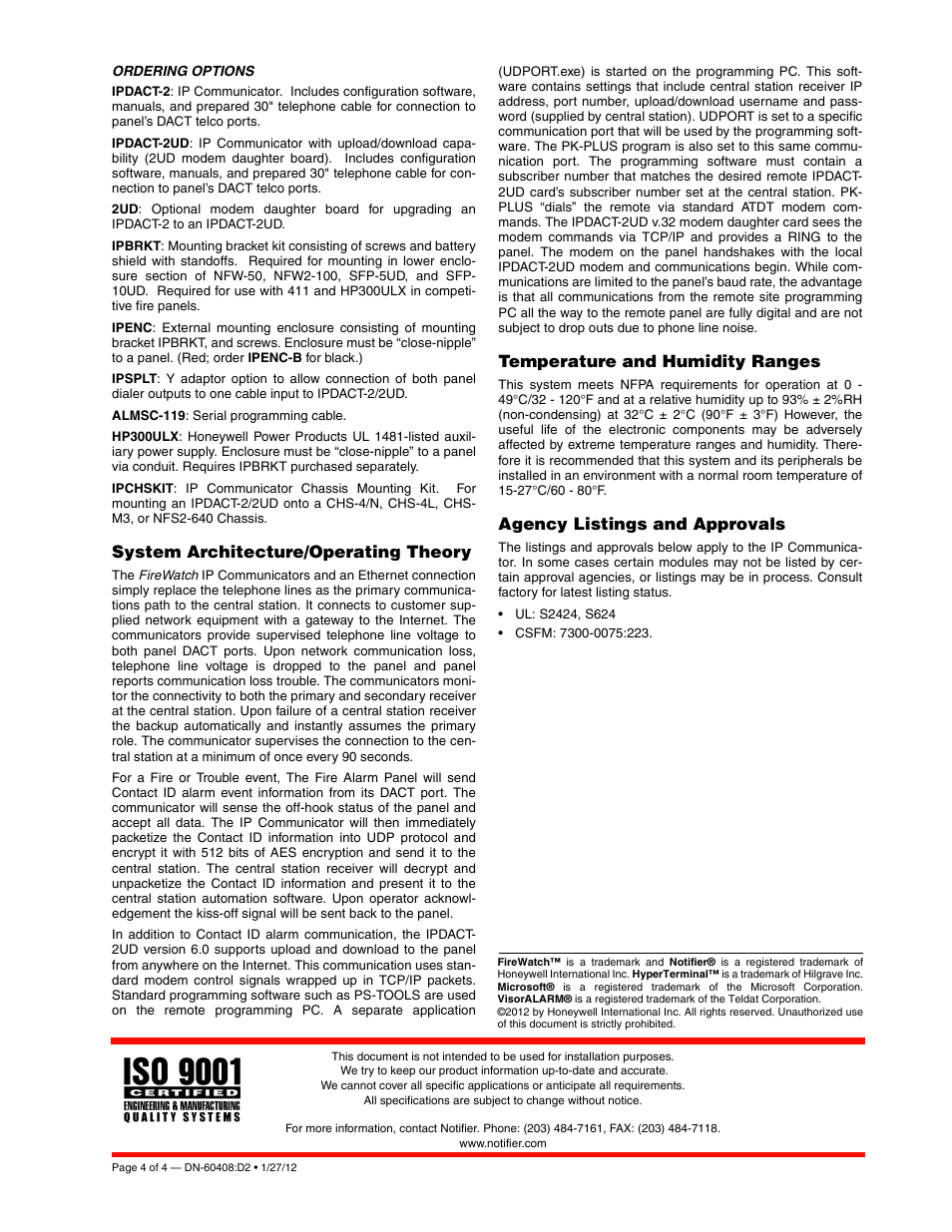 System architecture/operating theory, Temperature and humidity ranges, Agency listings and approvals | Notifier IPDACT-2/2UD User Manual | Page 4 / 4