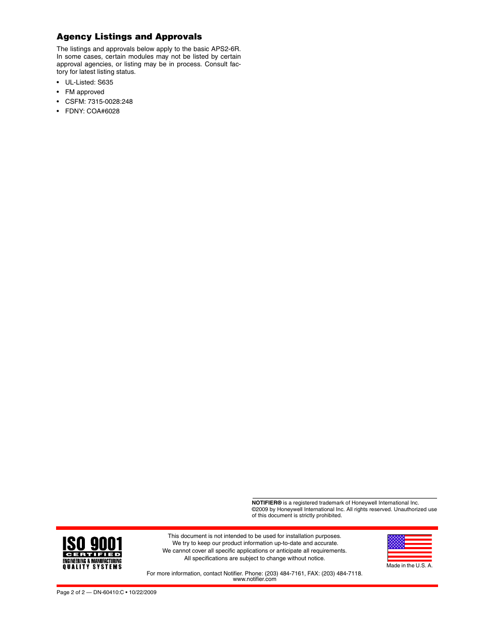 Agency listings and approvals | Notifier APS2-6R 6.0 User Manual | Page 2 / 2
