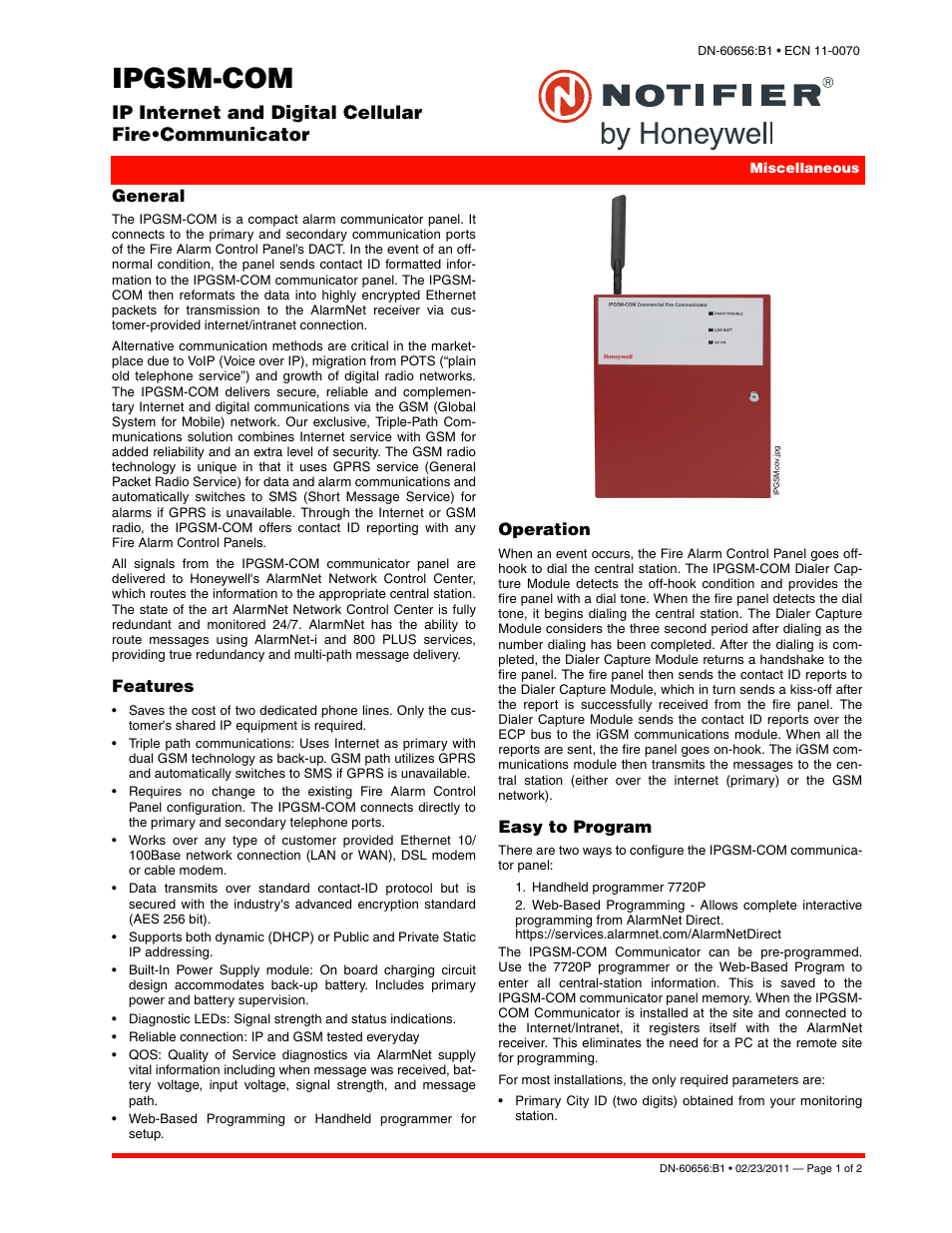 Notifier IPGSM-COM User Manual | 2 pages