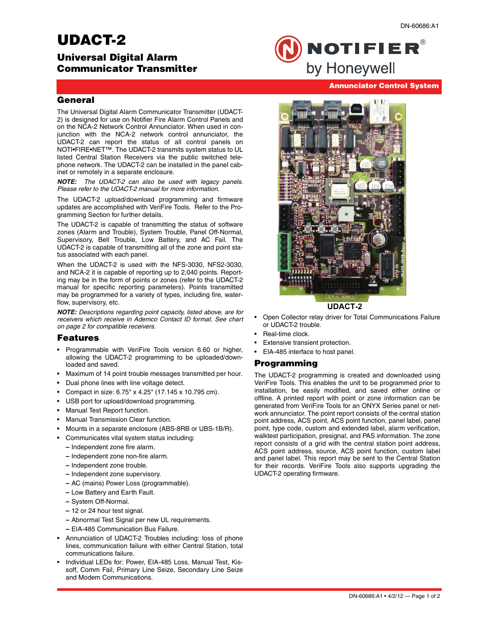 Notifier UDACT-2 User Manual | 2 pages
