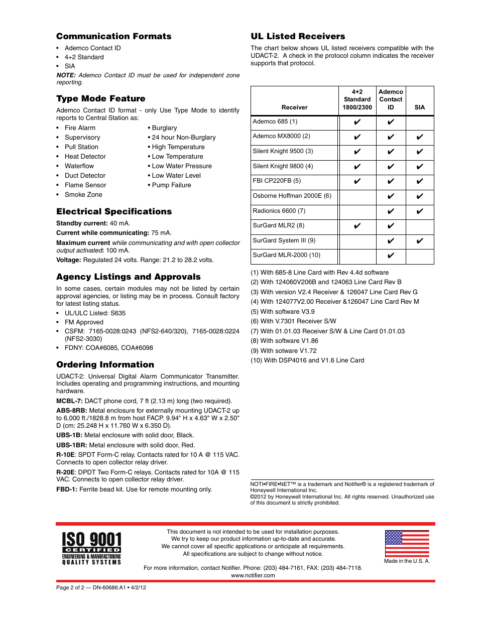 Communication formats, Type mode feature, Electrical specifications | Agency listings and approvals, Ordering information, Ul listed receivers | Notifier UDACT-2 User Manual | Page 2 / 2