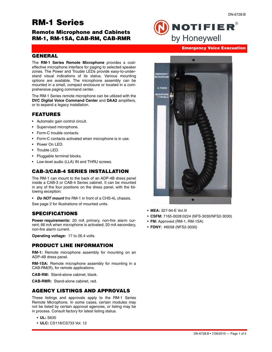Notifier RM-1 User Manual | 2 pages