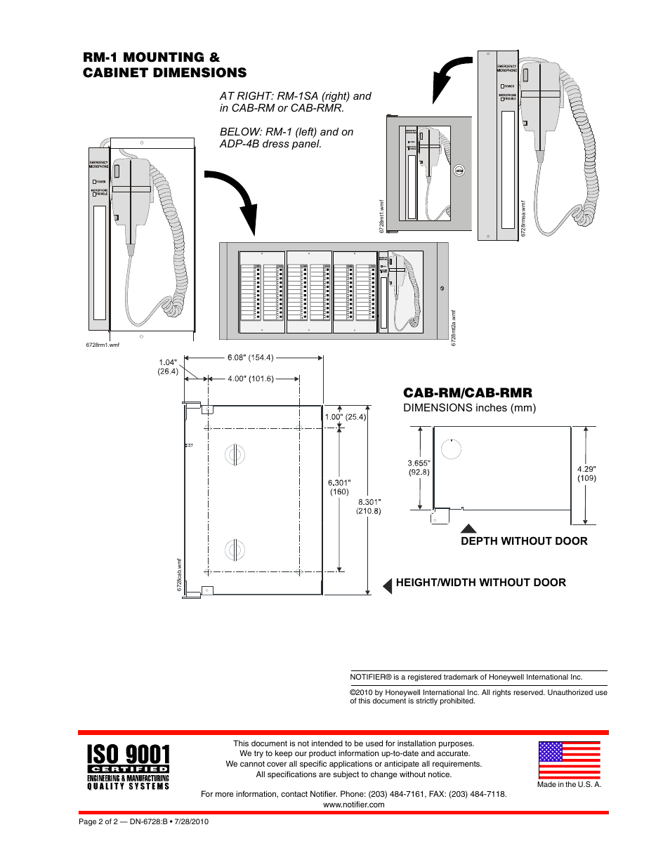Rm-1 mounting & cabinet dimensions, Cab-rm/cab-rmr | Notifier RM-1 User Manual | Page 2 / 2