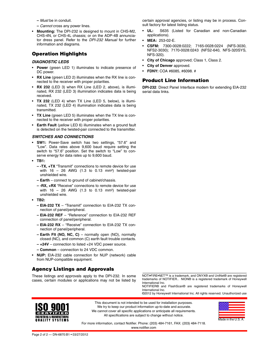 Operation highlights, Agency listings and approvals, Product line information | Notifier DPI-232 User Manual | Page 2 / 2