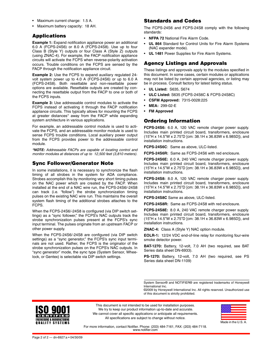 Applications, Standards and codes, Agency listings and approvals | Ordering information | Notifier FCPS-24S8 User Manual | Page 2 / 2