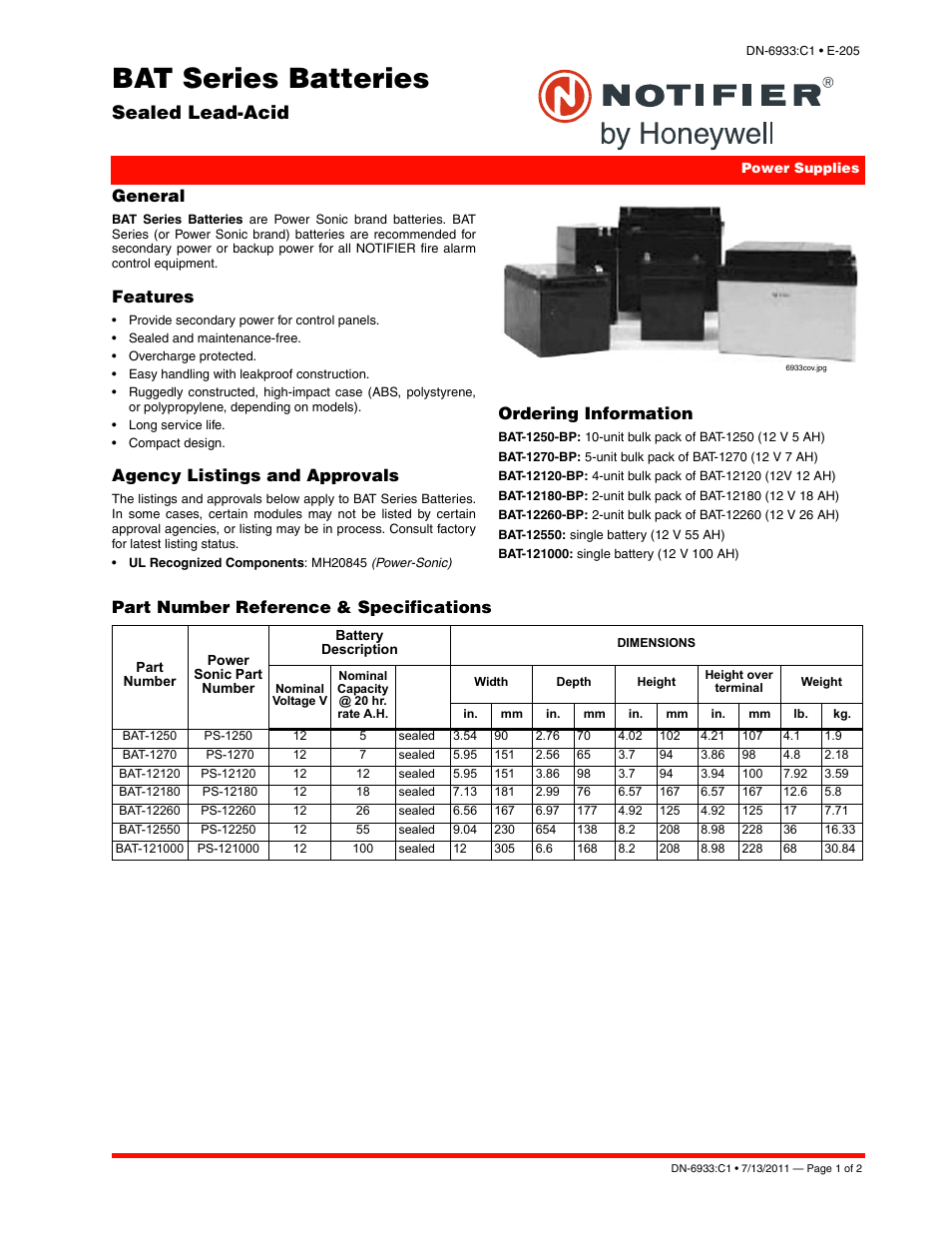 Notifier BAT Series User Manual | 2 pages