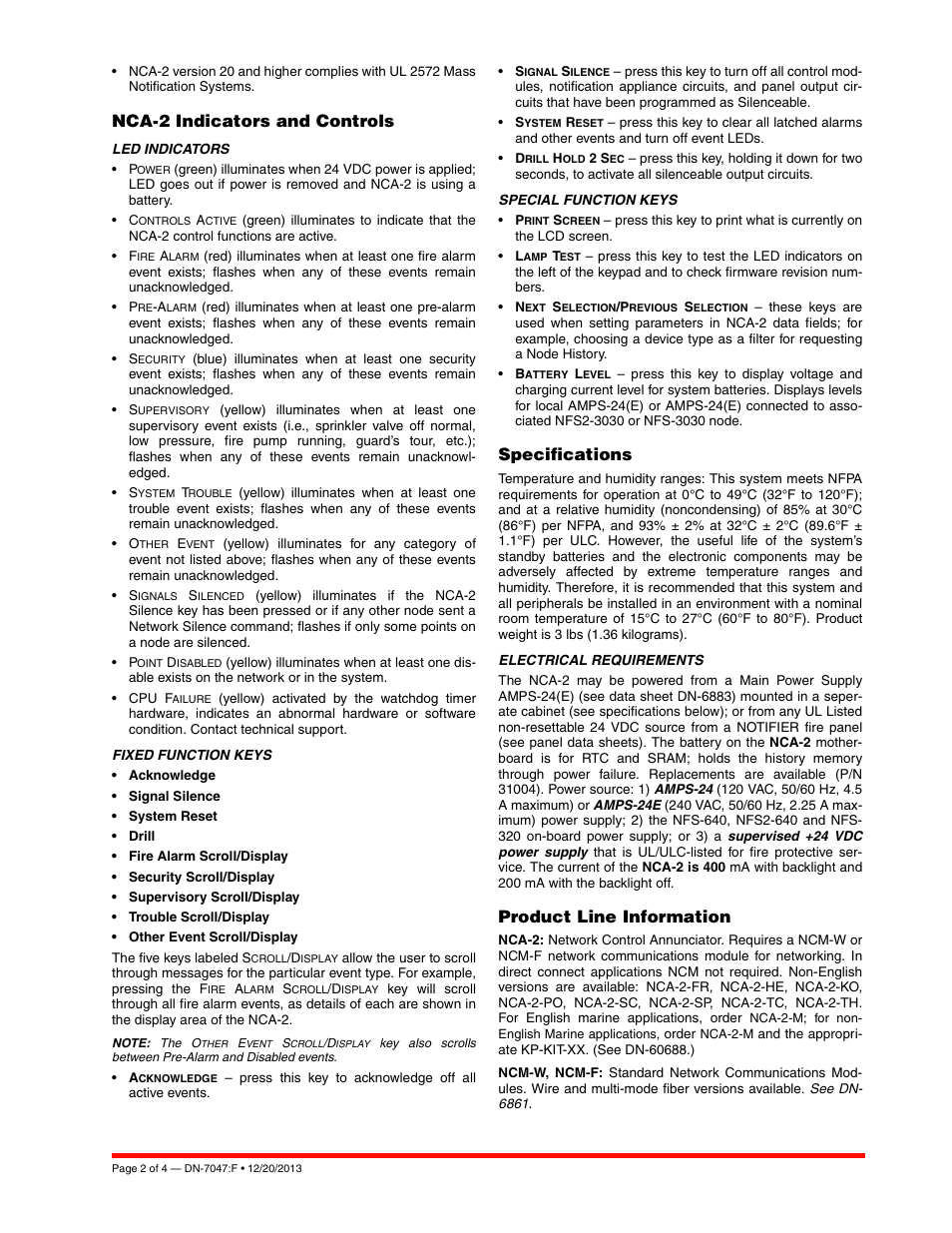 Nca-2 indicators and controls, Specifications, Product line information | Notifier NCA-2 User Manual | Page 2 / 4