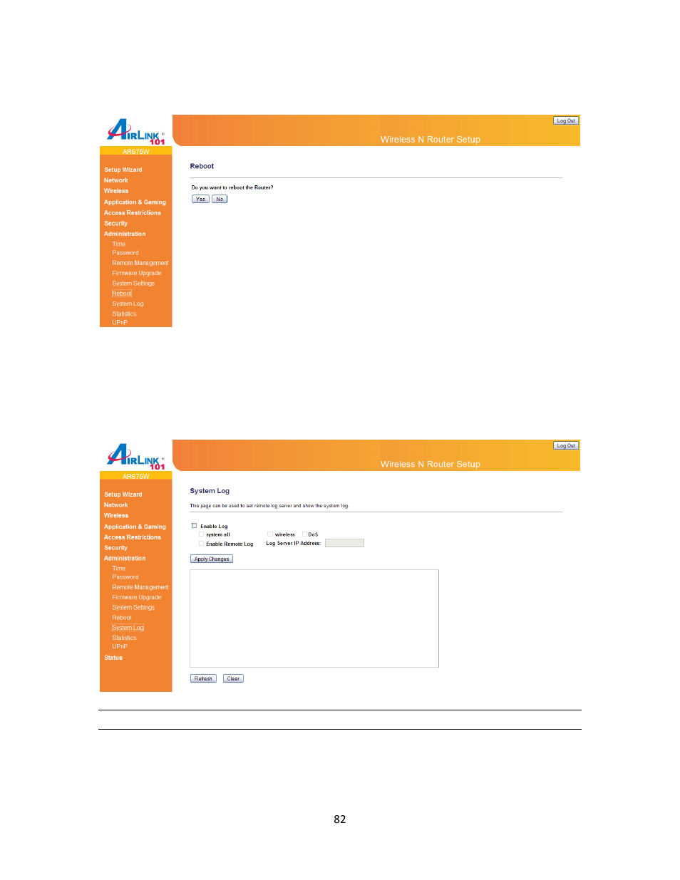 6 reboot, 7 system log | Airlink101 AR675W User Manual | Page 82 / 87