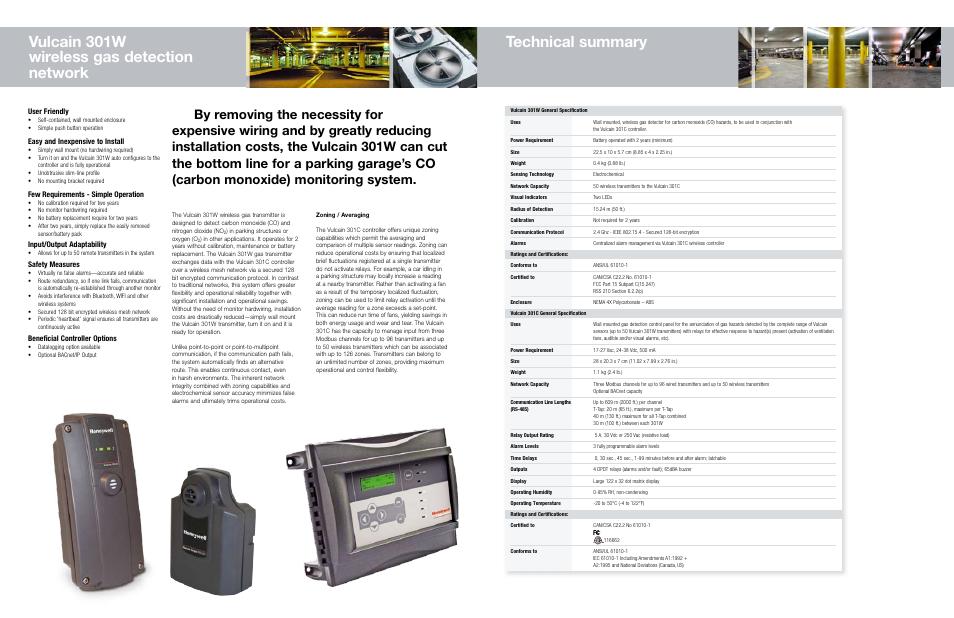 Vulcain 301w wireless gas detection network, Technical summary, User friendly | Easy and inexpensive to install, Few requirements - simple operation, Input/output adaptability, Safety measures, Beneficial controller options | Notifier Vulcain 301W User Manual | Page 2 / 3