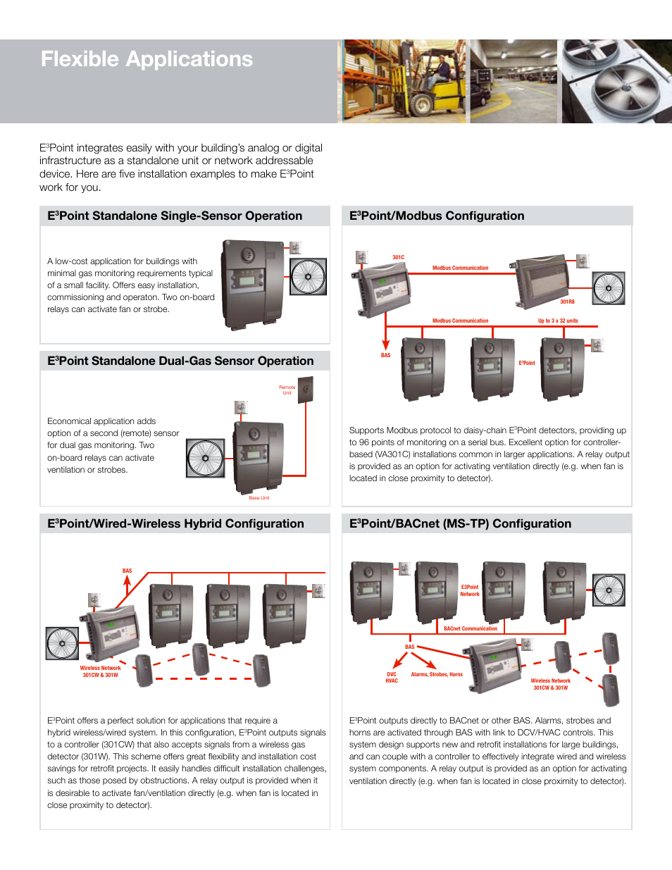 Flexible applications, Point standalone dual-gas sensor operation, Point/bacnet (ms-tp) configuration | Point/modbus configuration, Point/wired-wireless hybrid configuration, Point standalone single-sensor operation, Point work for you | Notifier Combustible Gas Monitor User Manual | Page 3 / 4