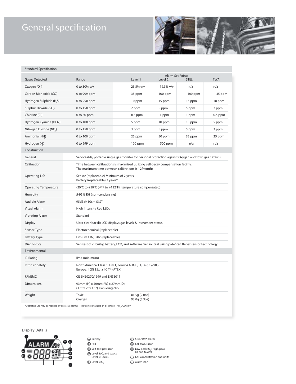 General specification, Display details | Notifier Lumidor Minimax XP User Manual | Page 3 / 4