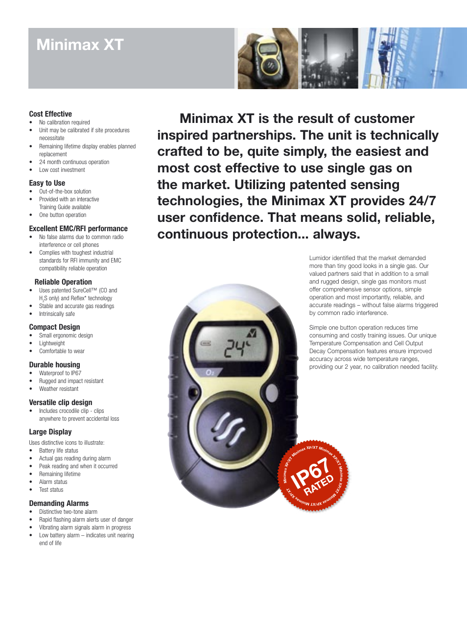 Ip67, Minimax xt, Ra ted | Cost effective, Easy to use, Excellent emc/rfi performance, Reliable operation, Compact design, Durable housing, Versatile clip design | Notifier Lumidor Minimax XT User Manual | Page 2 / 4