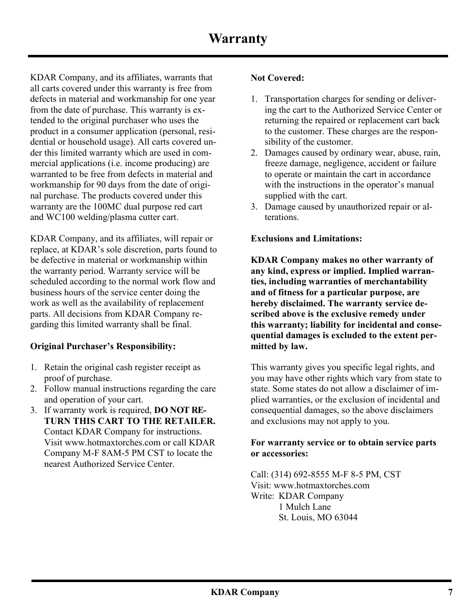 Warranty | Hot Max Torches 100MC User Manual | Page 8 / 8