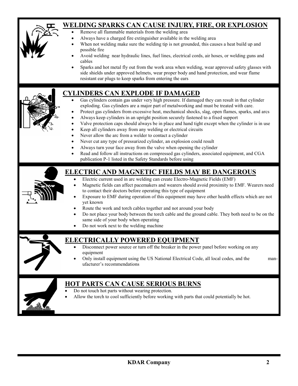 Cylinders can explode if damaged, Electric and magnetic fields may be dangerous, Electrically powered equipment | Hot parts can cause serious burns | Hot Max Torches 125WFG User Manual | Page 3 / 20