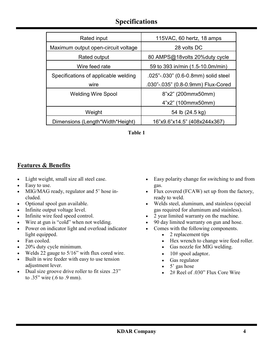 Specifications, Features & benefits | Hot Max Torches 125WFG User Manual | Page 5 / 20