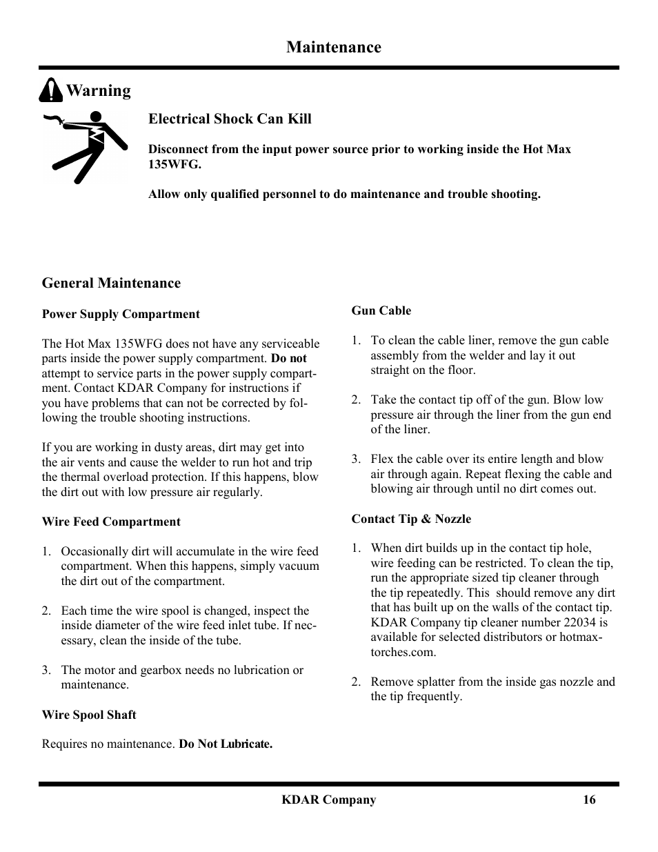 Maintenance, Warning | Hot Max Torches 135WFG User Manual | Page 17 / 20