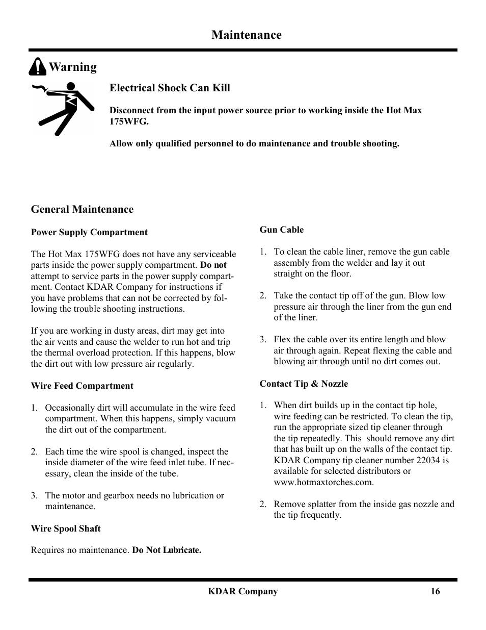 Maintenance, Warning | Hot Max Torches 175WFG User Manual | Page 17 / 20