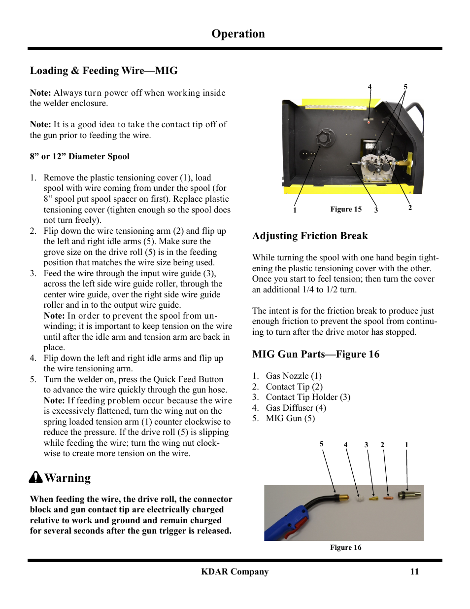 Operation, Warning, Loading & feeding wire—mig | Adjusting friction break, Mig gun parts—figure 16 | Hot Max Torches 250WFG User Manual | Page 12 / 20